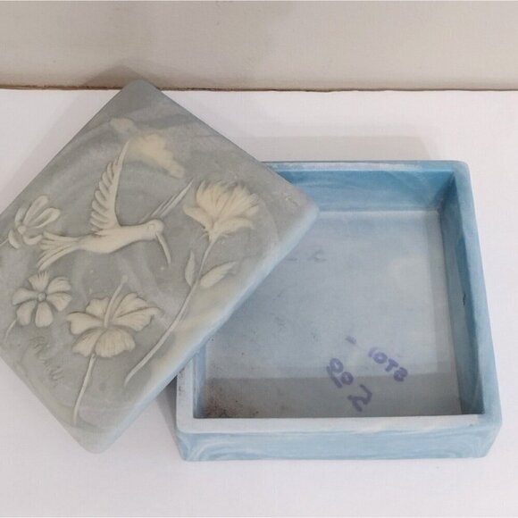 Vtg Signed Robert Nemith Hummingbird & Floral Inlay Blue Soapstone Trinket Box - Picture 6 of 10